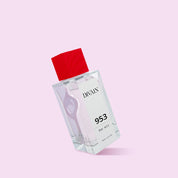 Parfum divain-953 avec bouchon rouge et fond rose